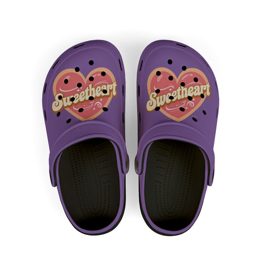 Kids Purple "Sweetheart" Foam Clogs — Cute Heart Graphic Slip-On Shoes