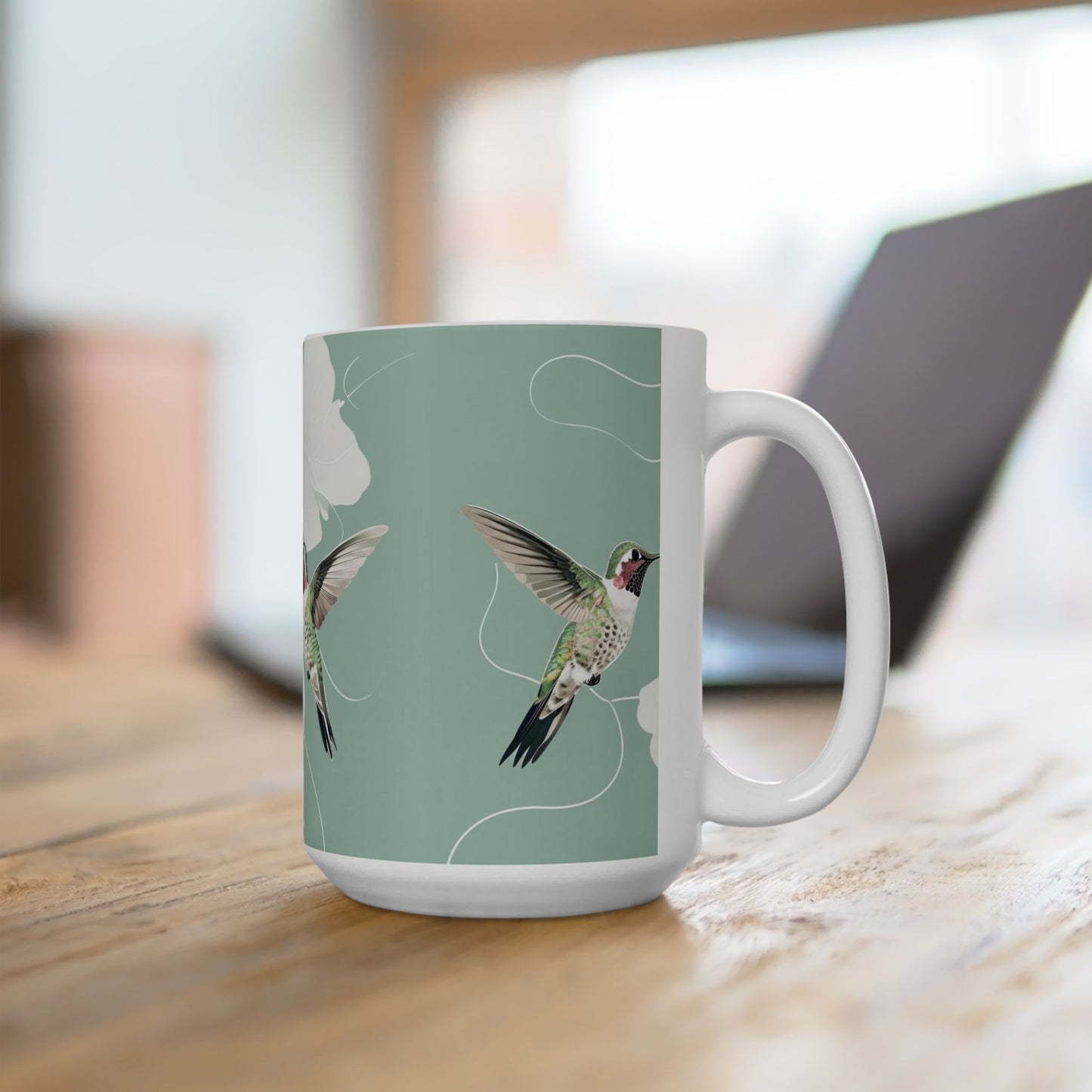 Hummingbird Floral Ceramic Mug – Botanical Mint Coffee Cup (11oz & 15oz)