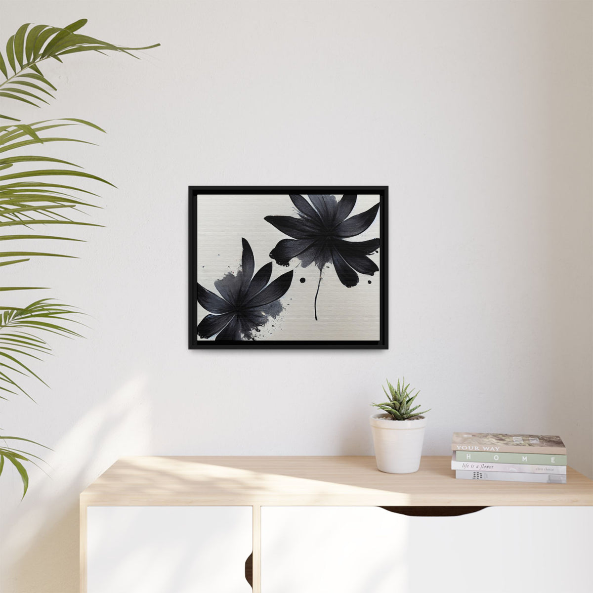 Framed Black Floral Matte Canvas Wall Art — Monochrome Botanical Print
