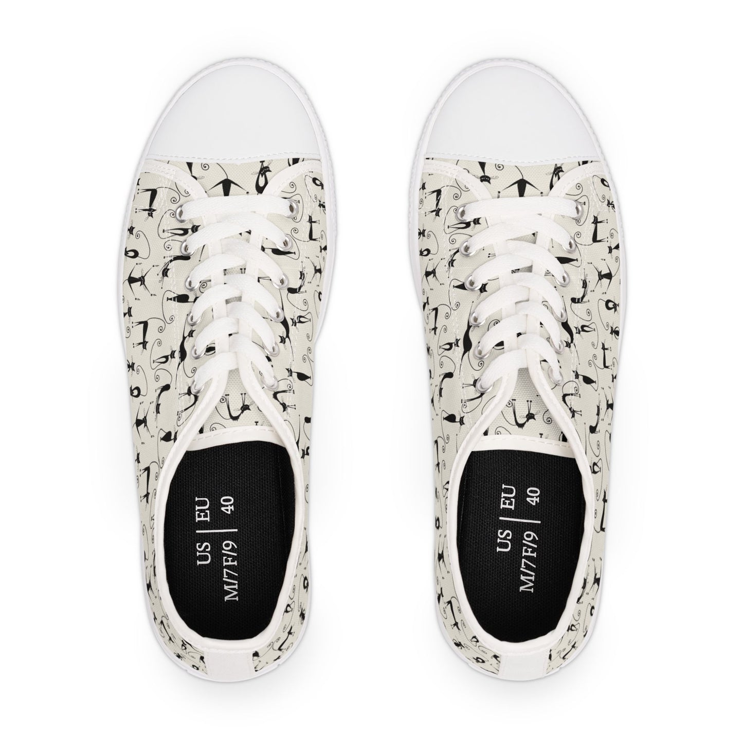 Low Top Sneakers — Vintage Black Cat Pattern Women’s Canvas Shoes
