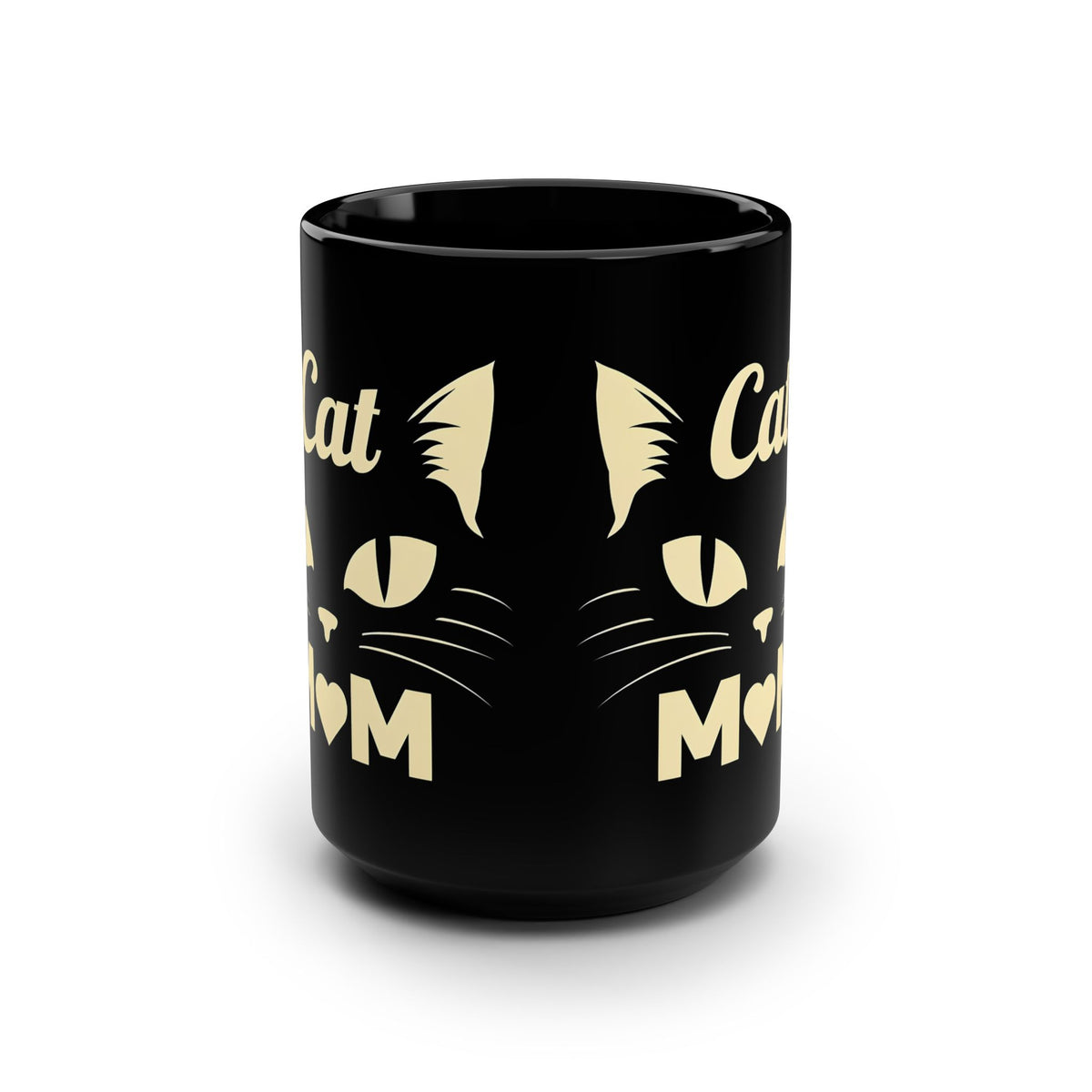 Cat Mom 15oz Black Mug — Cute Cat Face Coffee Cup for Cat Lovers