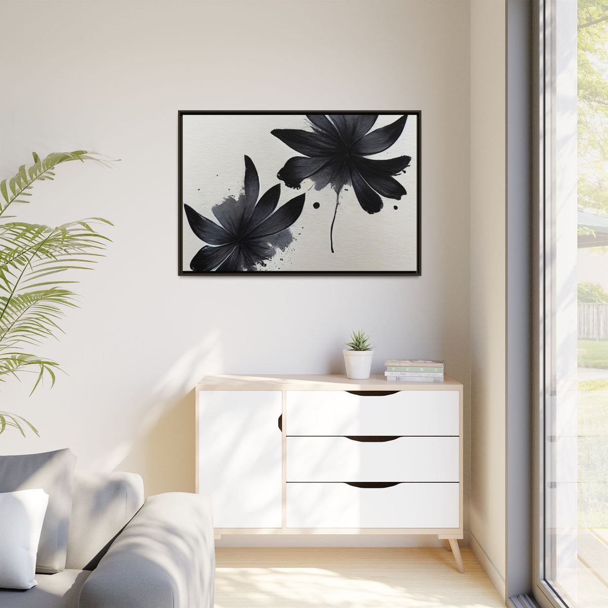 Framed Black Floral Matte Canvas Wall Art — Monochrome Botanical Print