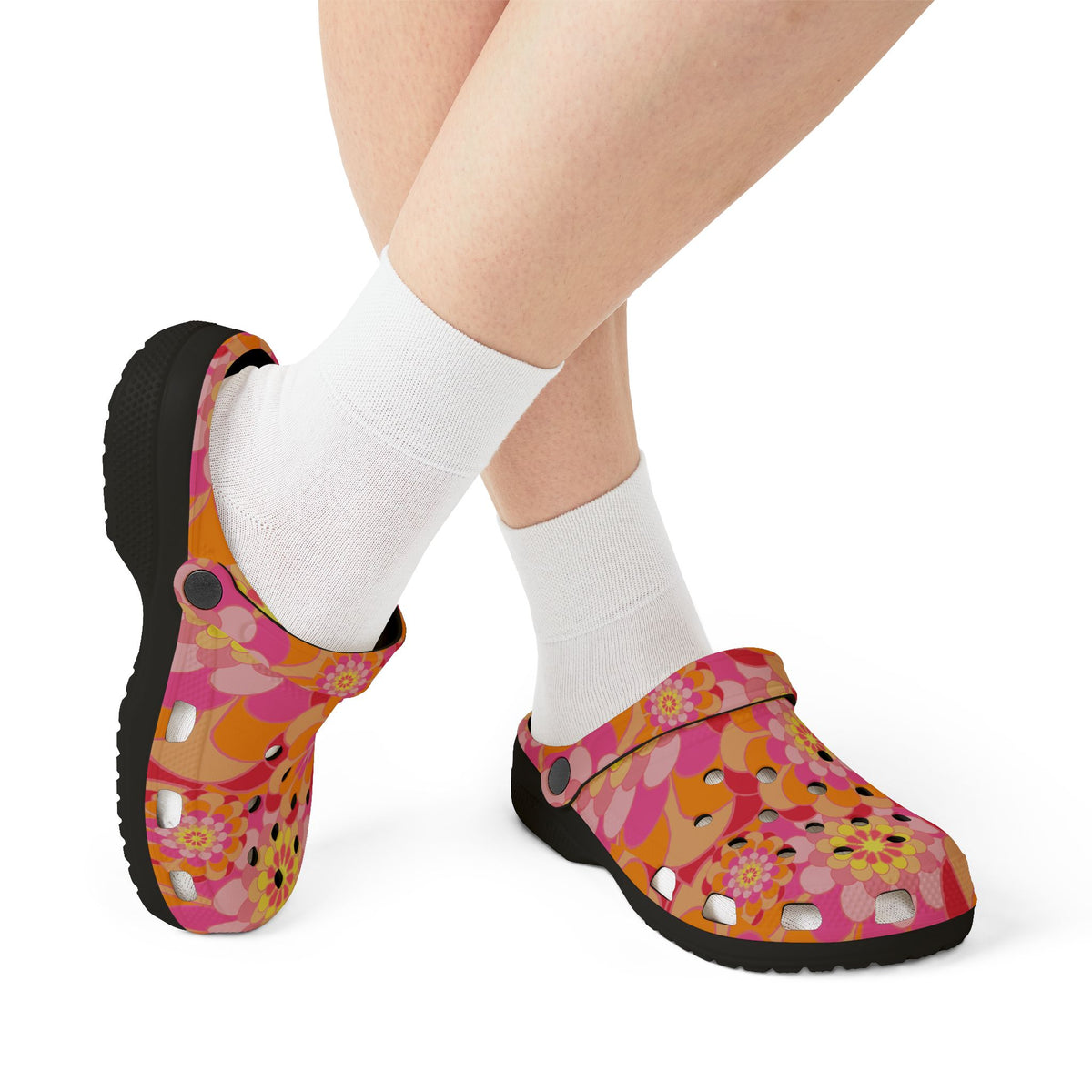 Floral Retro Foam Clogs — Pink Orange Psychedelic Garden Slip-Ons