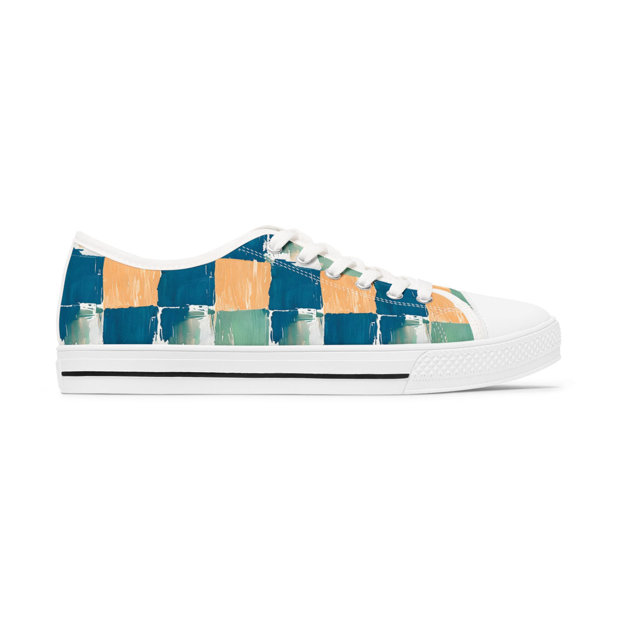 Canvas Sneakers — Hand-Painted Checkerboard in Teal, Orange & Mint