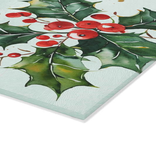 Christmas Holly Glass Cutting Board - "Merry Christmas" Holiday Kitchen Decor