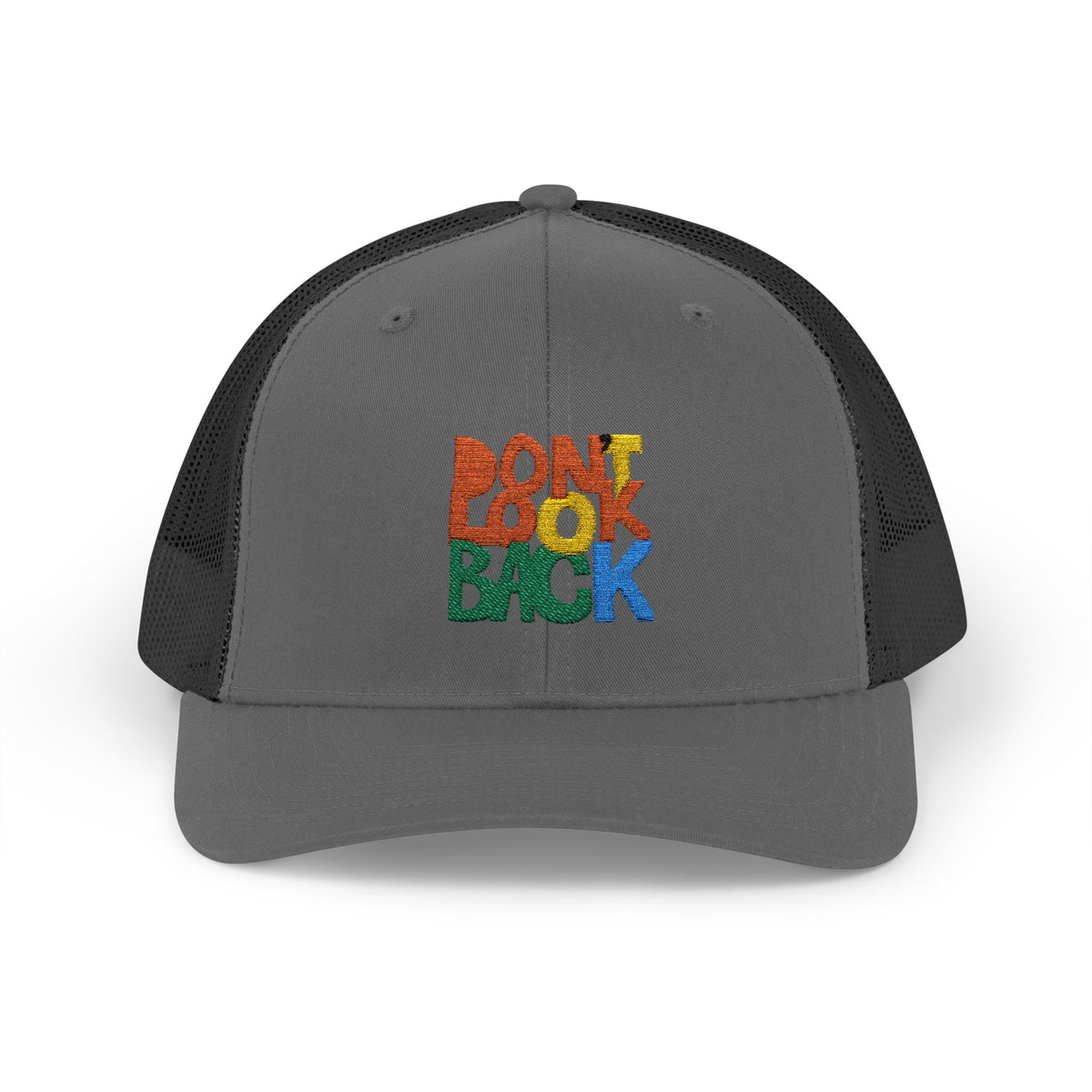 Don’t Look Back Snapback Trucker Cap — Retro Rainbow Embroidered Hat