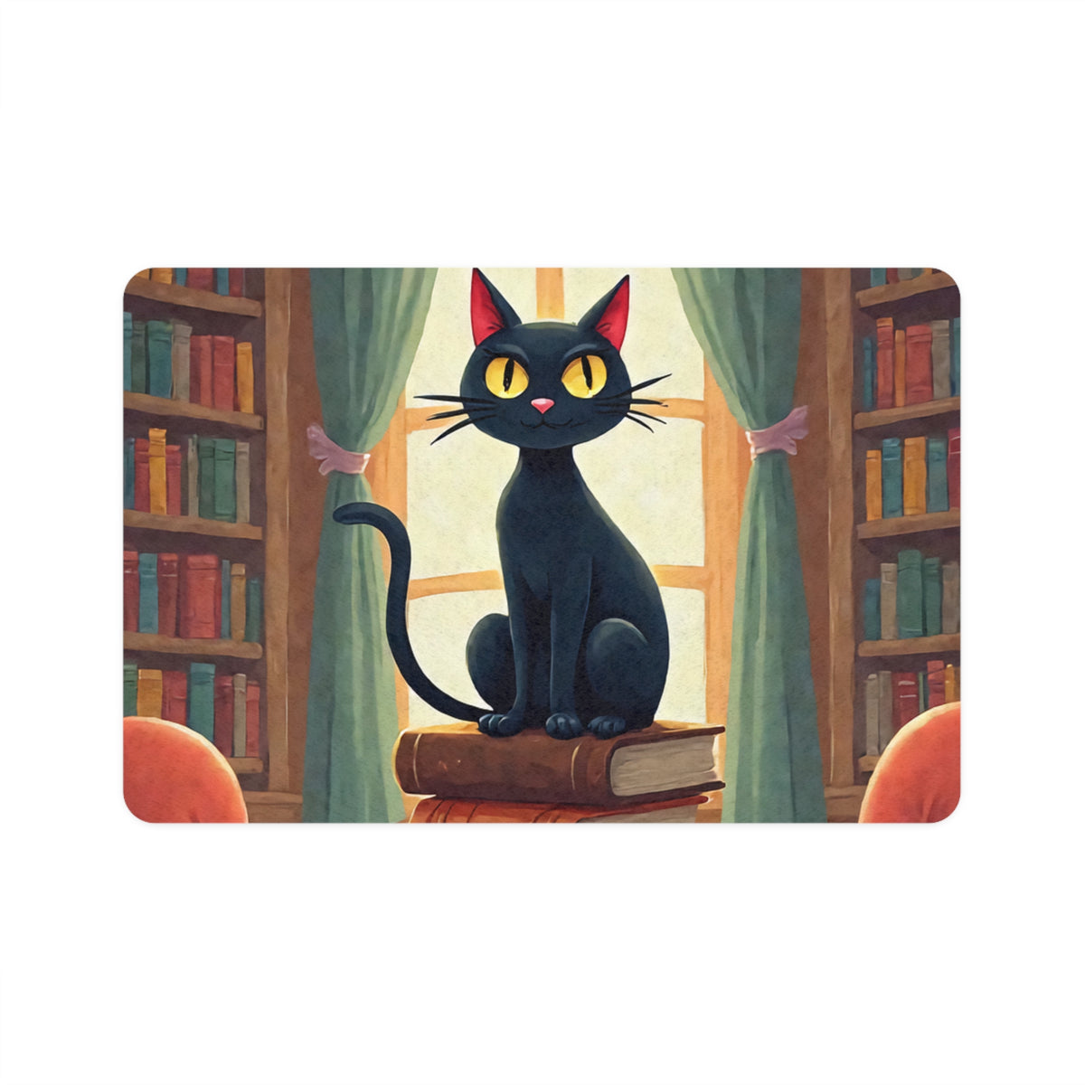 Black Cat Library Pet Food Mat (12x18) - Cute Cat Feeding Mat for Cats & Small Dogs
