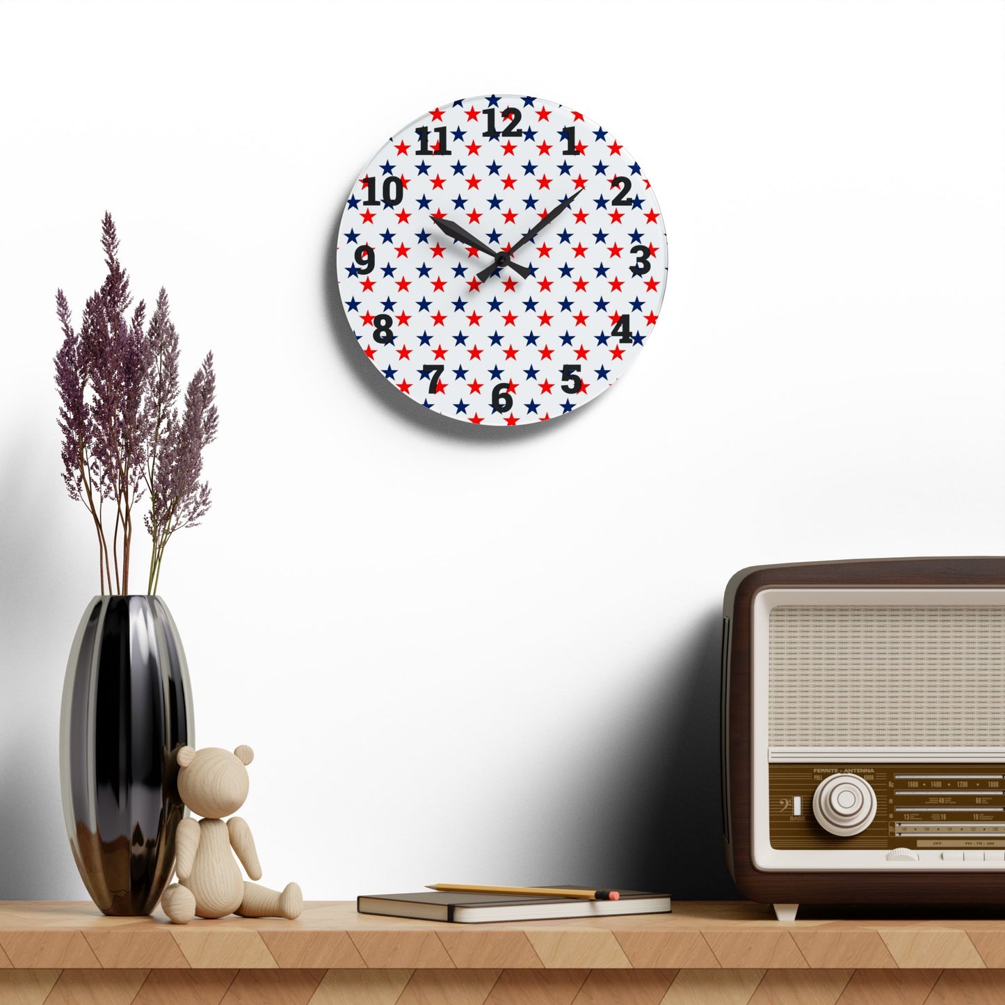 Acrylic Wall Clock stars red white and blue