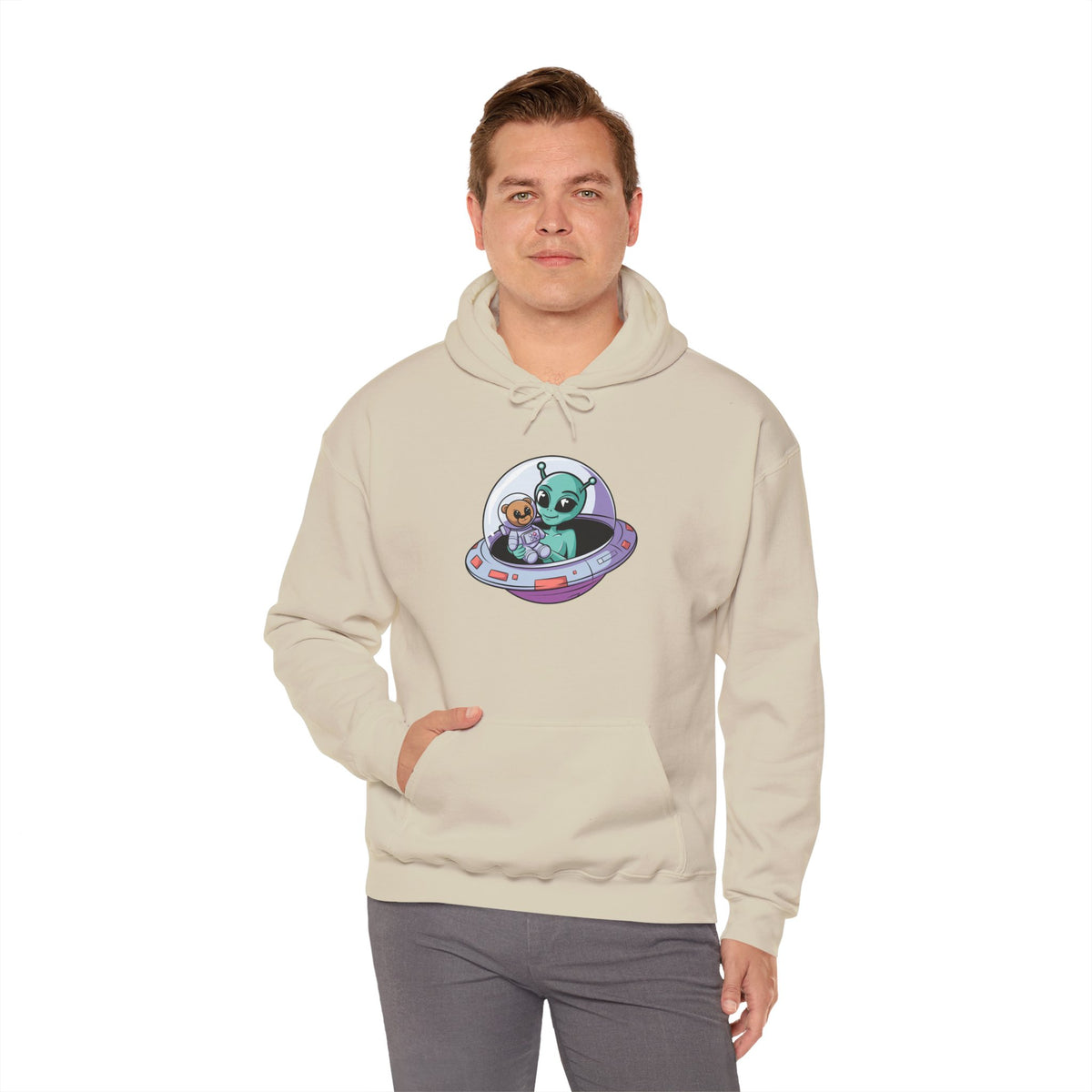 Cute Alien and Kid Hoodie, Unisex Heavy Blend Sweatshirt, UFO Lover Gift, Halloween Costume, Space-Themed Outfit, Birthday Present