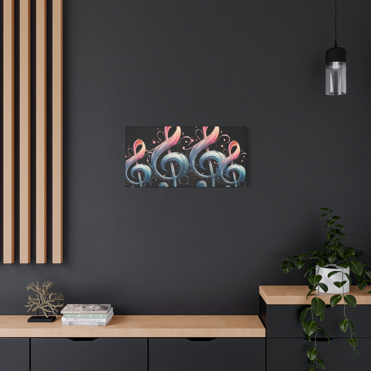 Musical Treble Clef Canvas Wall Art — Pastel Ribbon Notes on Black