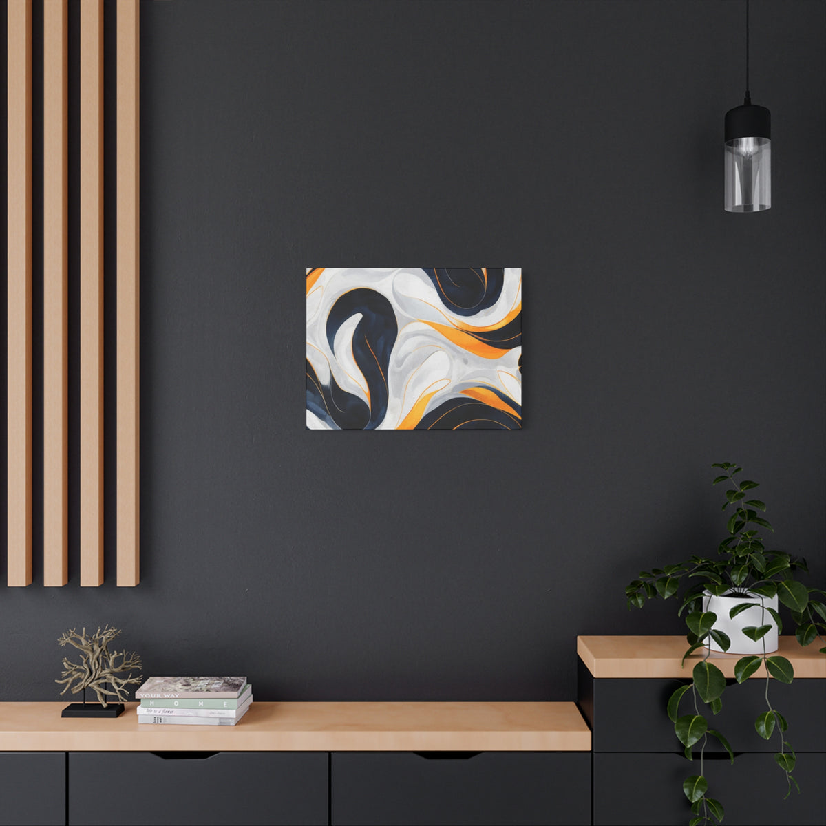 Abstract Fluid Art Matte Canvas Print — Navy, Gold & White Stretched Wall Art