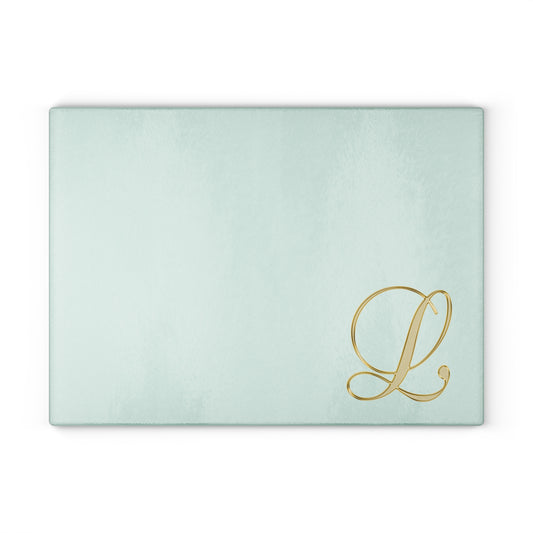 Monogram Glass Cutting Board – Mint with Gold Script 'L'