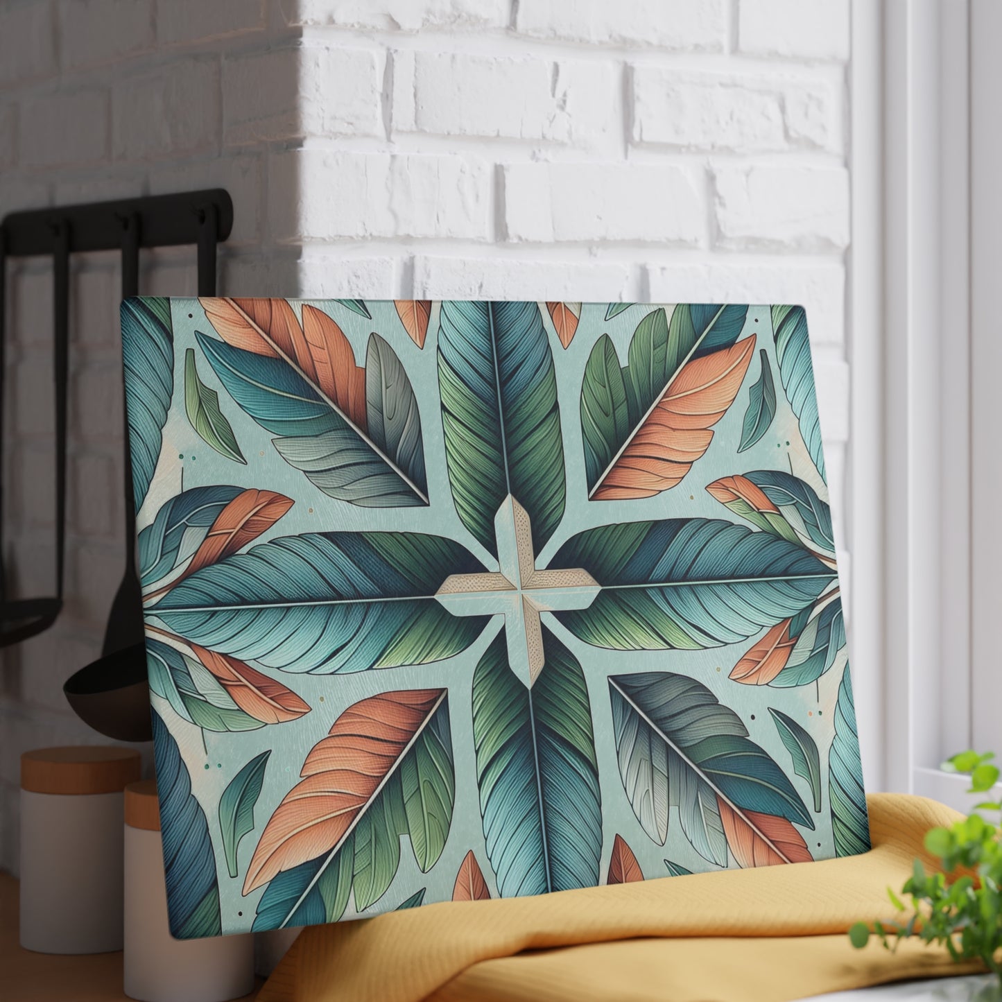 Tropical Leaf Glass Cutting Board — Botanical Decorative Kitchen Board