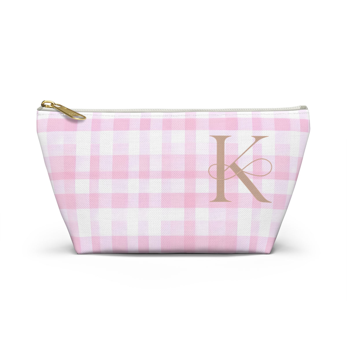 Personalized Pink Gingham Accessory Pouch, Makeup Bag - Letter K