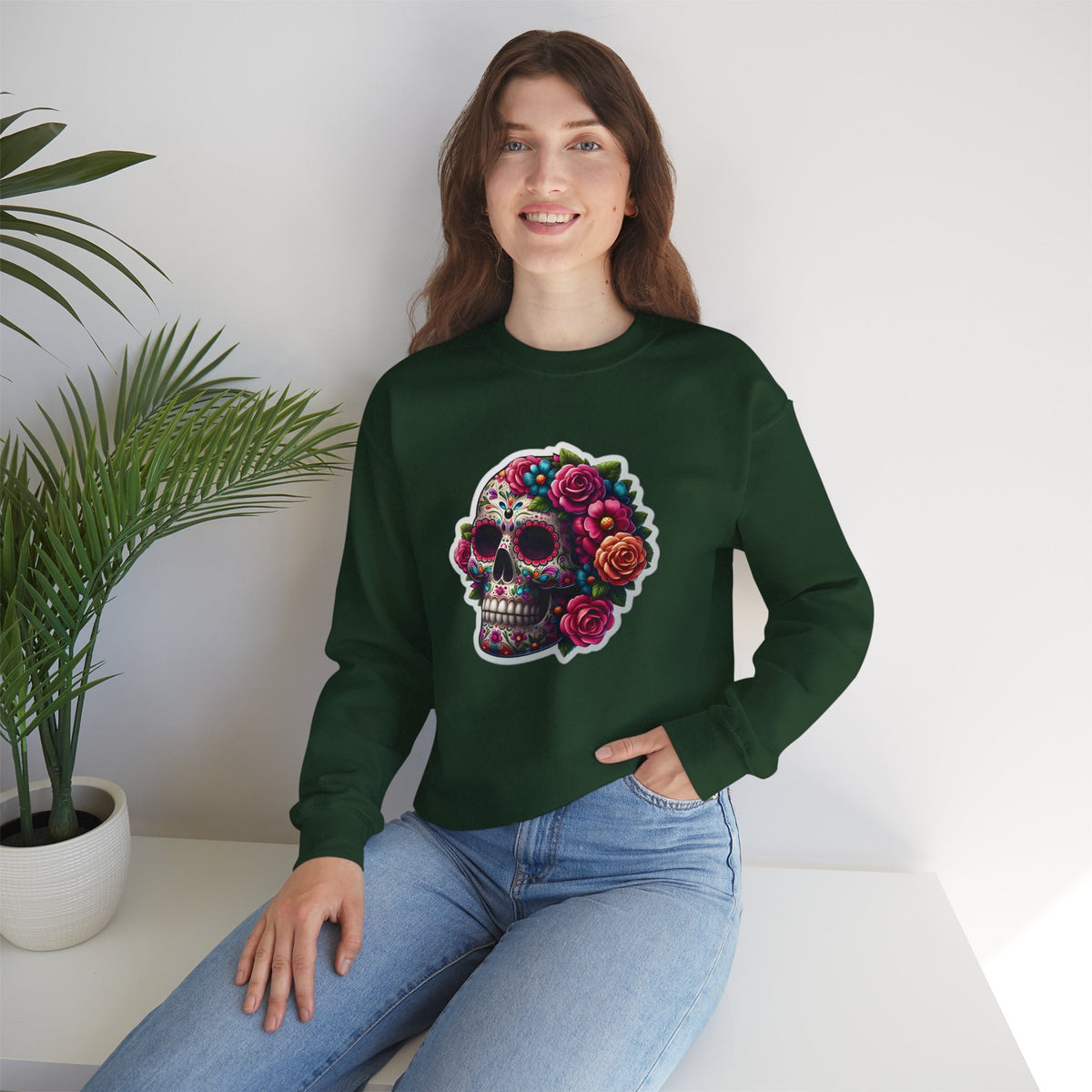 Sugar Skull Crewneck Sweatshirt — Floral Day of the Dead Graphic