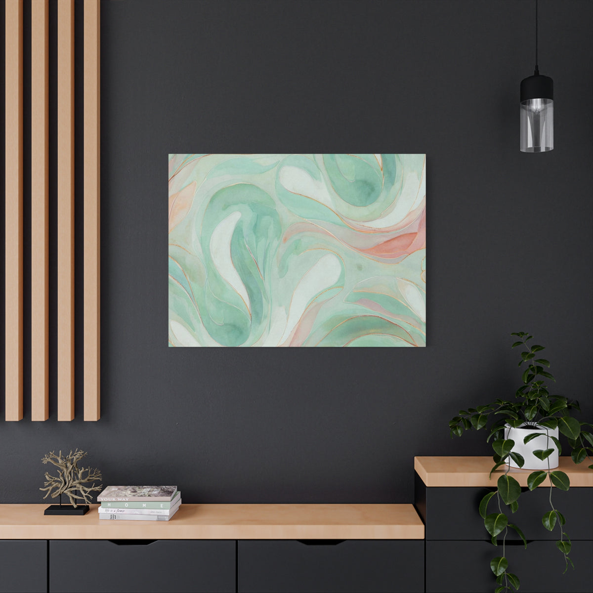 Abstract Green Marble Canvas Print — Teal & Coral Swirl Wall Art