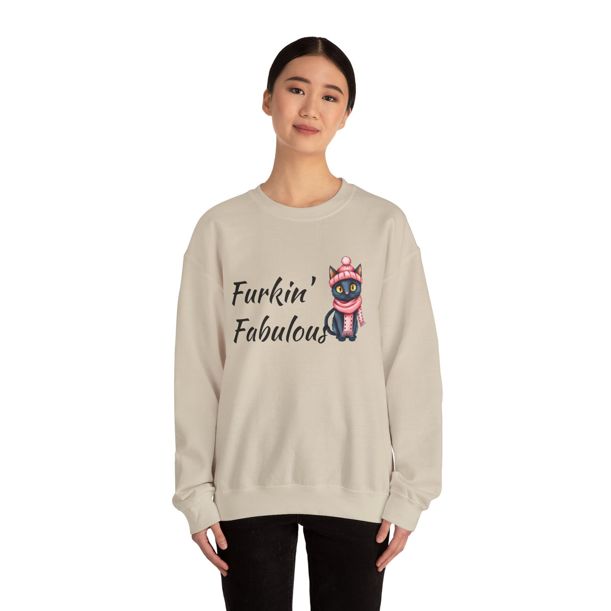 Crewneck Sweatshirt — "Furkin' Fabulous" Cute Black Cat in Pink Hat & Scarf