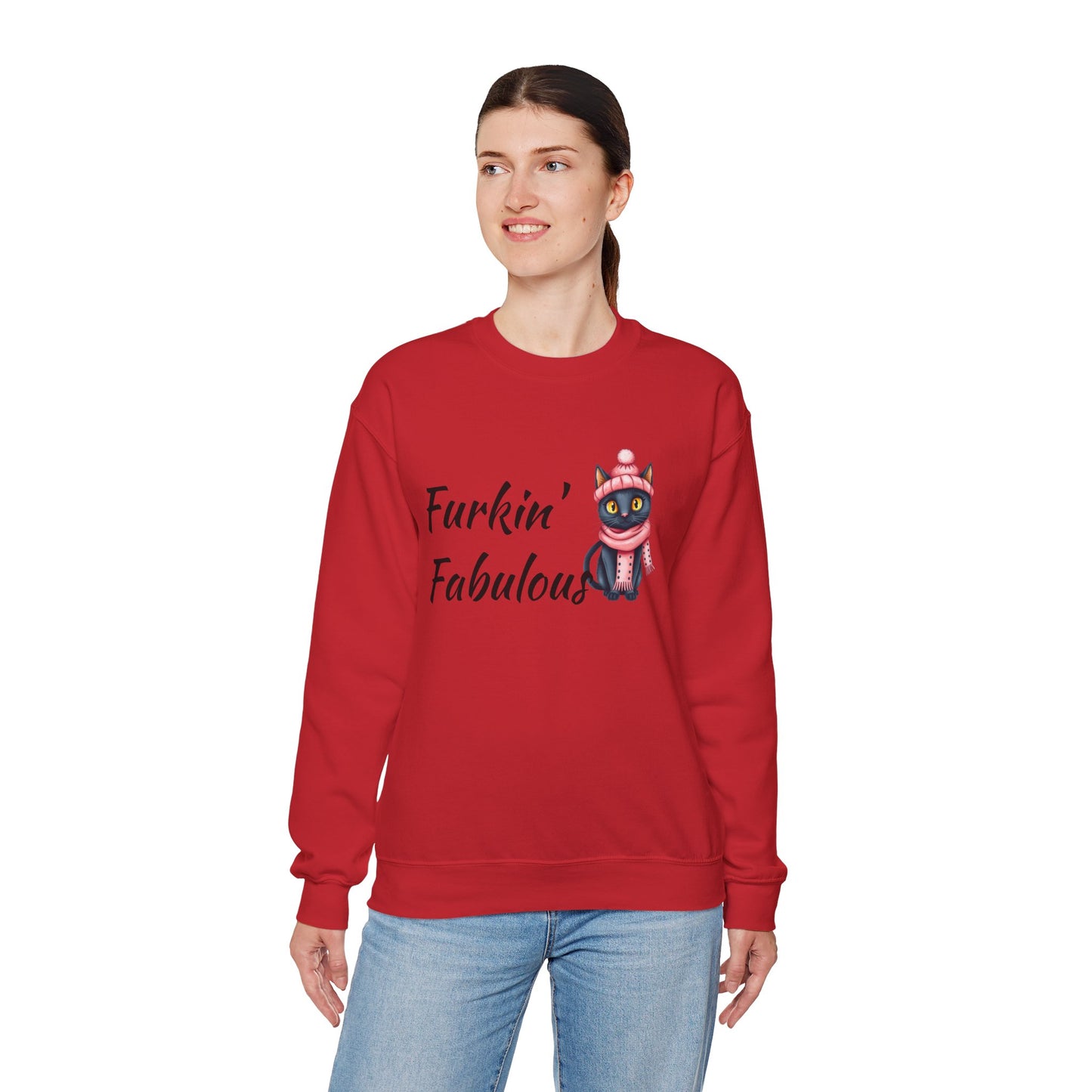 Crewneck Sweatshirt — "Furkin' Fabulous" Cute Black Cat in Pink Hat & Scarf