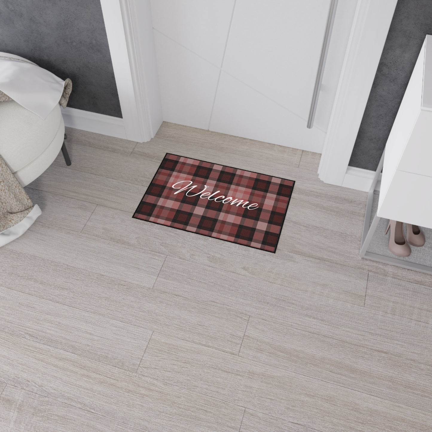 Welcome Plaid Heavy-Duty Floor Mat — Red Buffalo Check Doormat