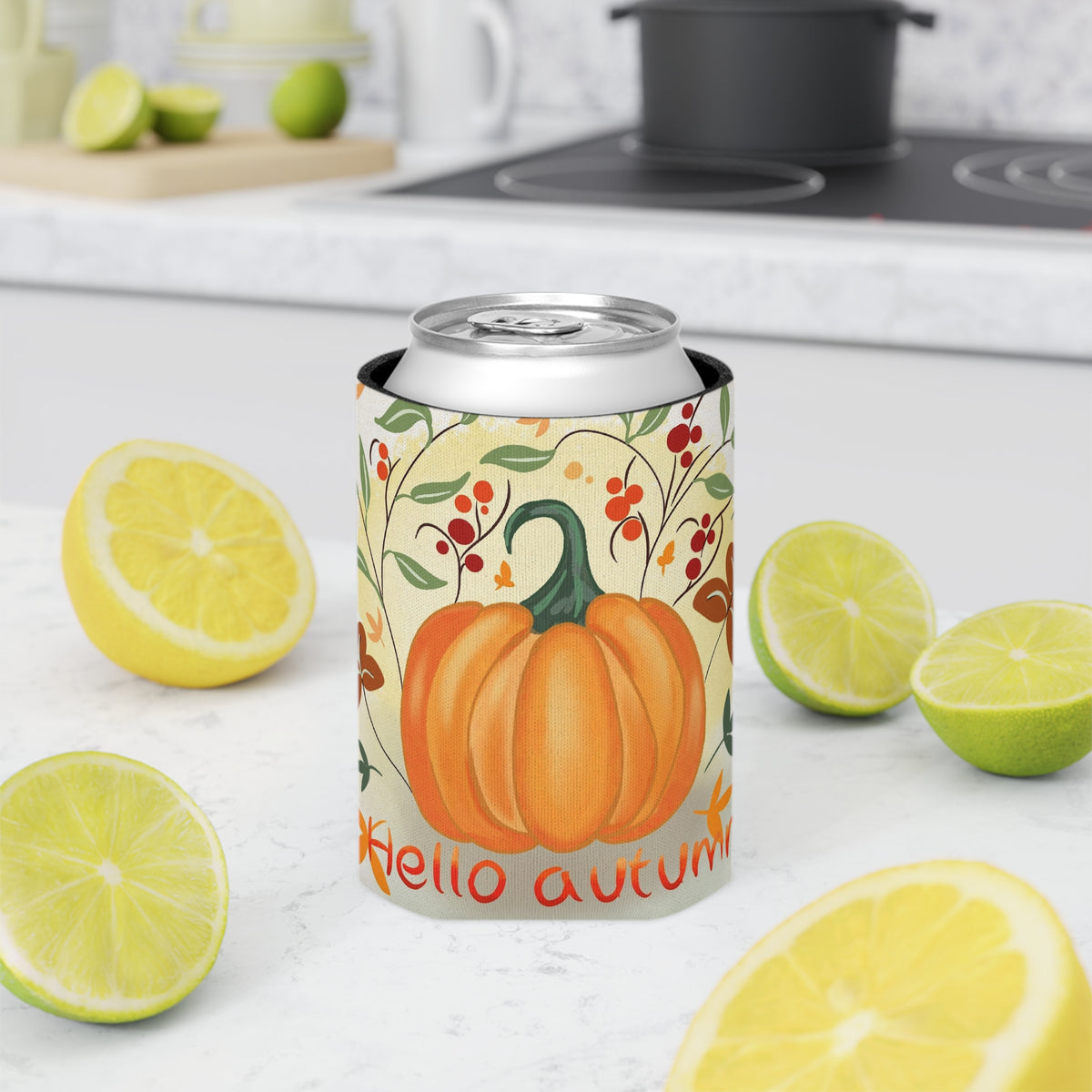 Autumn Pumpkin Can Cooler - Hello Autumn Insulated Beverage Holder, Fall Party, Thanksgiving Gift, Outdoor Events, Seasonal Decoration