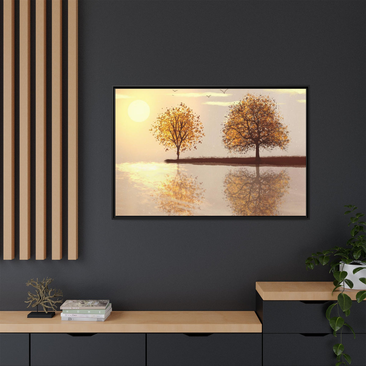 Framed Matte Canvas Wall Art — Golden Autumn Trees Reflection