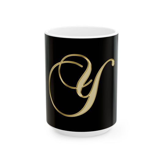 Gold Script Letter Y Ceramic Mug — Elegant Monogram Coffee Cup (11oz, 15oz)