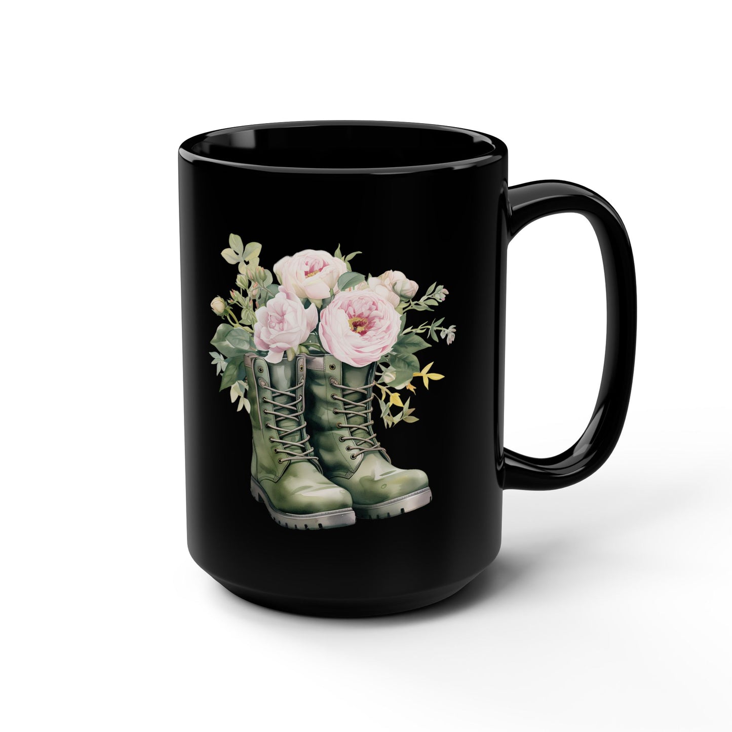 Floral Combat Boots Black 15oz Mug — Rustic Military Flower Coffee Cup