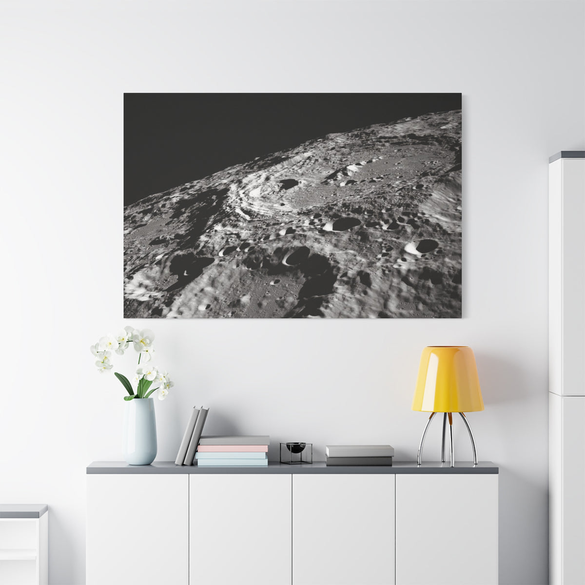 Lunar Surface Matte Canvas Print — Black & White Moon Crater Wall Art