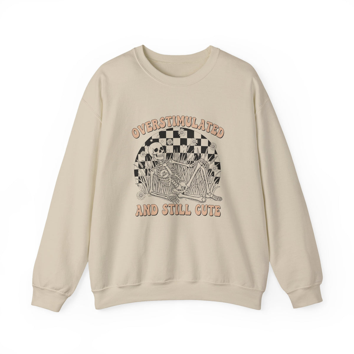 Sweatshirt — "Overstimulated and Still Cute" Skull Checkerboard Graphic Crewneck