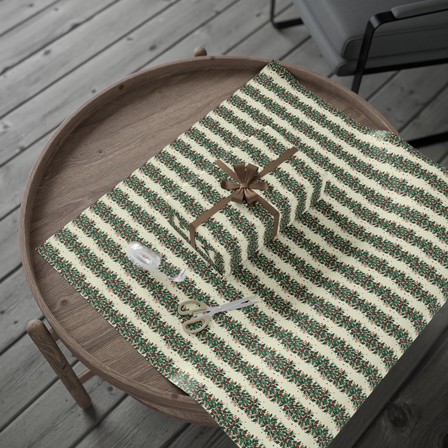 Holiday Pine Sprig Wrapping Paper Roll — Festive Green & Red Gift Wrap