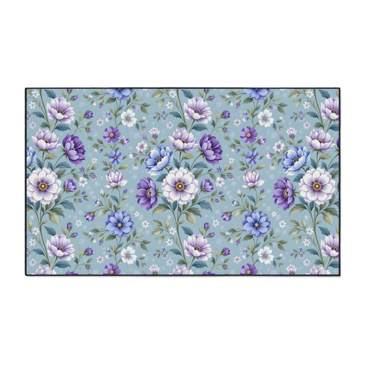 Floral Blue Heavy-Duty Floor Mat — Vintage Purple & Lavender Flower Doormat