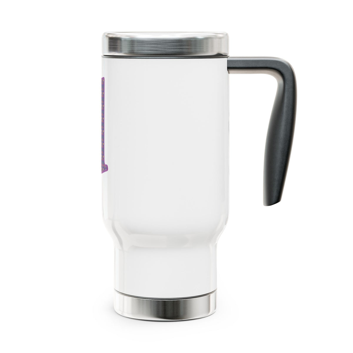 Monogram 'd' Purple Polka Dot Travel Mug – 14oz Stainless Steel with Handle