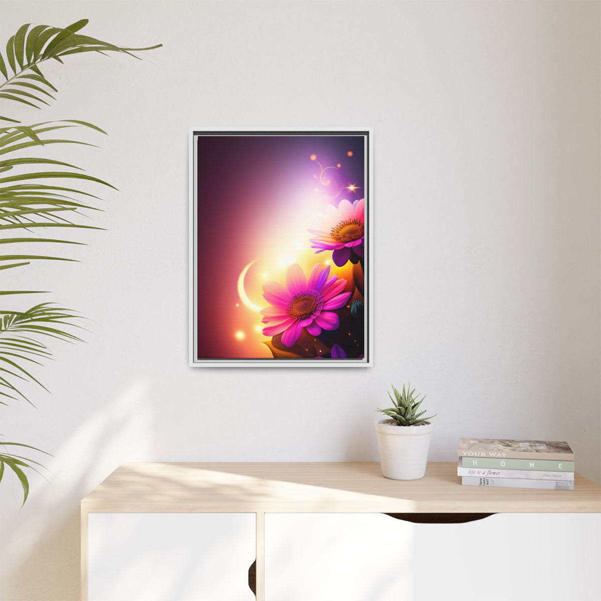 Framed Floral Canvas Art — Pink Daisies Sunset Wall Print
