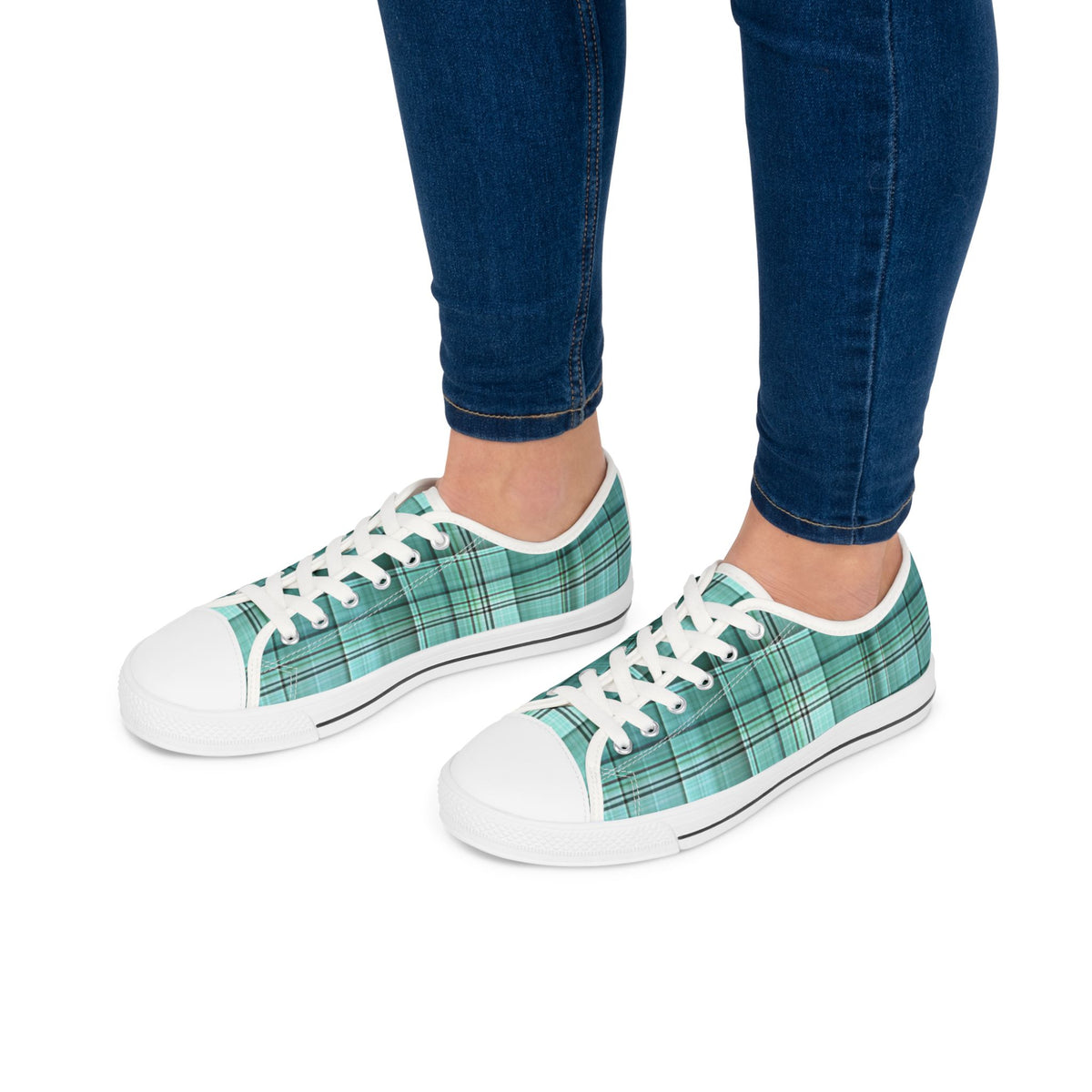 Teal Plaid Women's Low Top Sneakers — Casual Retro Style for Everyday Wear