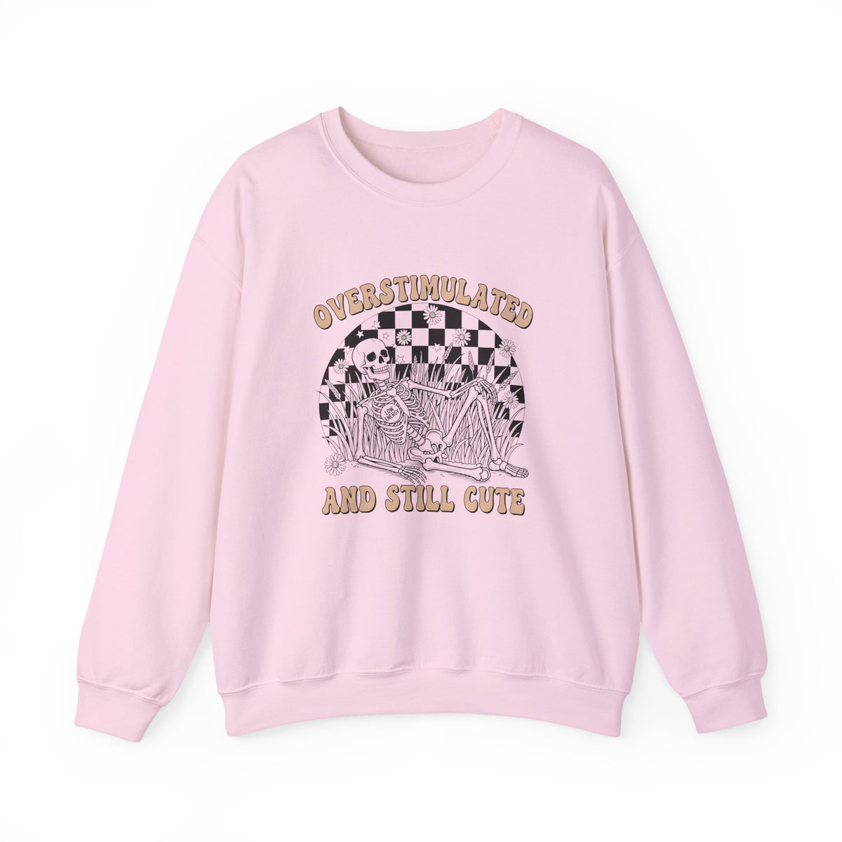 Sweatshirt — "Overstimulated and Still Cute" Skull Checkerboard Graphic Crewneck