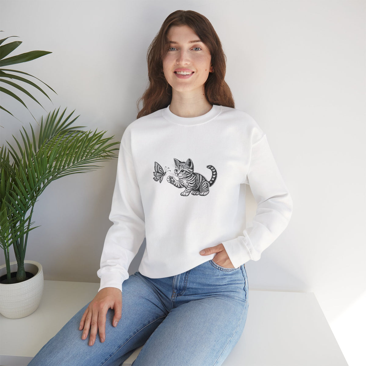 Kitten Butterfly Sweatshirt, Cozy Crewneck with Cat Art, Perfect Gift for Animal Lovers, Cute Sweatshirt for Relaxation & Everyday Wear