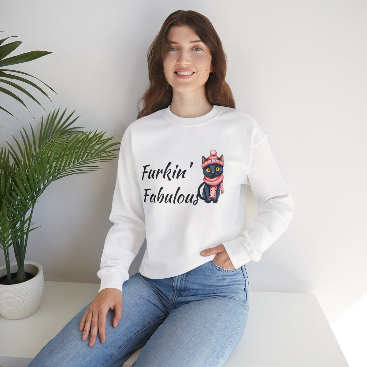 Crewneck Sweatshirt — "Furkin' Fabulous" Cute Black Cat in Pink Hat & Scarf