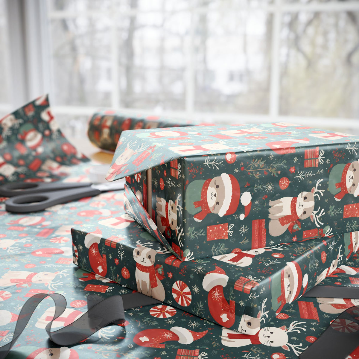Christmas Wrapping Paper Roll — Cute Santa & Reindeer Pattern, Holiday Gift Wrap