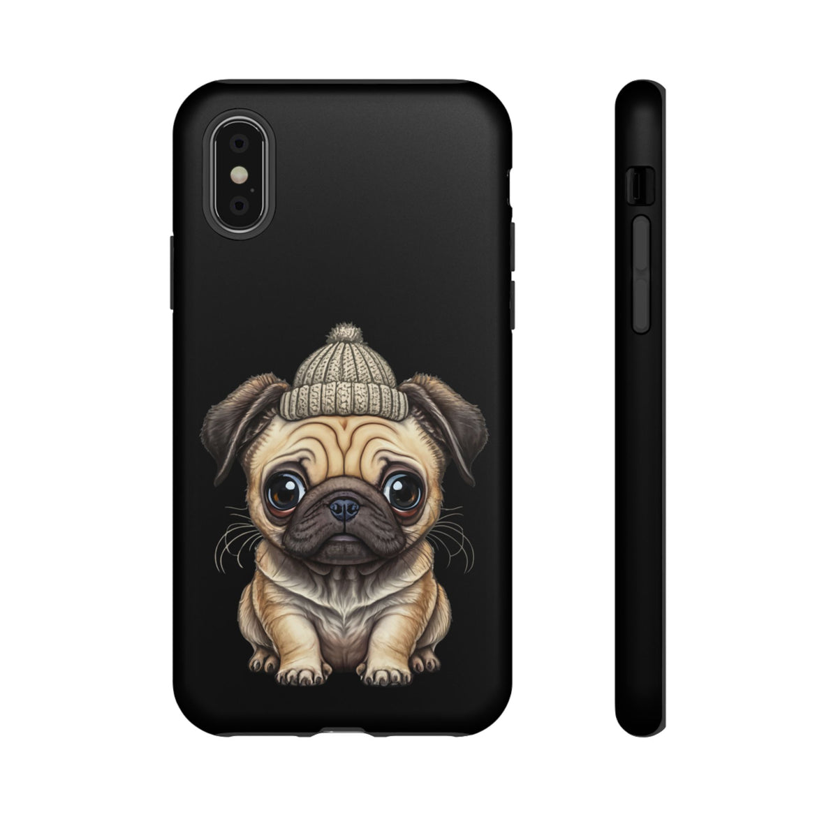 Pug Phone Case – Cute Pug Puppy Illustration on Black Tough Case