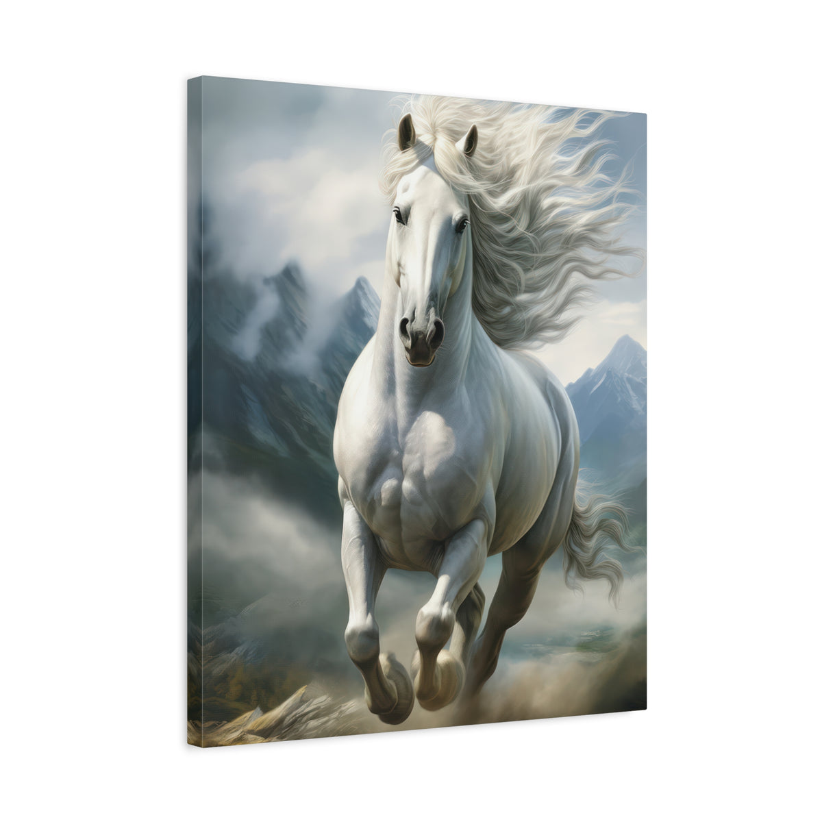White Stallion Canvas Print – Majestic Galloping Horse Wall Art