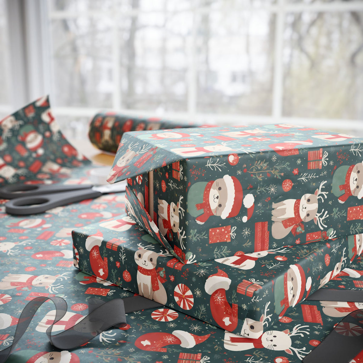 Christmas Wrapping Paper Roll — Cute Santa & Reindeer Pattern, Holiday Gift Wrap