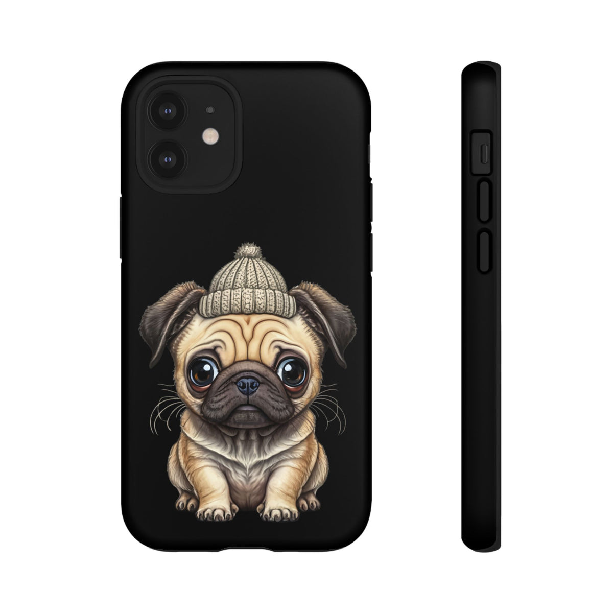 Pug Phone Case – Cute Pug Puppy Illustration on Black Tough Case