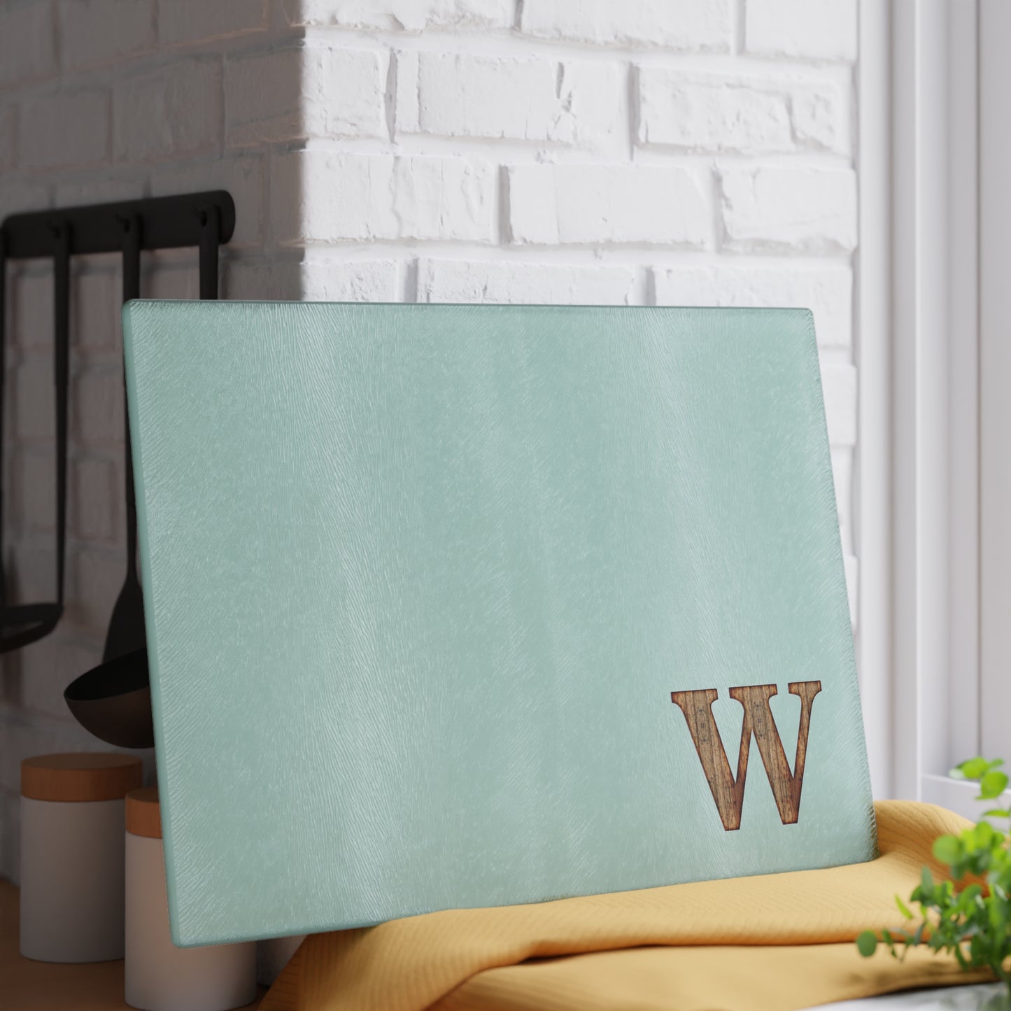 Monogram Glass Cutting Board — Mint or Clear Tempered Glass with Wood 'W' Initial