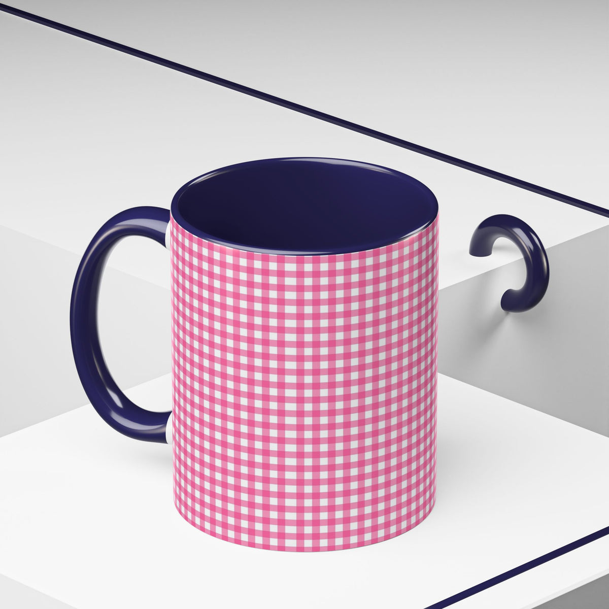 Pink Gingham Accent Coffee Mug, Cute Kitchen Decor, Gift for Coffee Lovers, Home Office Mug, Spring and Summer Vibes