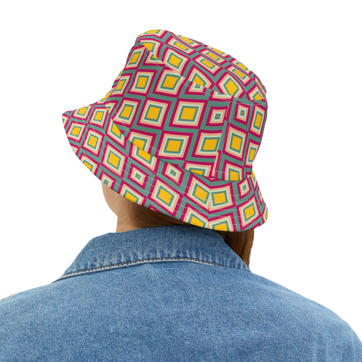Diamond Geo Print Bucket Hat — Colorful Retro Festival Sun Hat