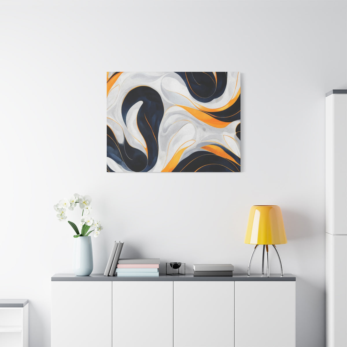 Abstract Fluid Art Matte Canvas Print — Navy, Gold & White Stretched Wall Art