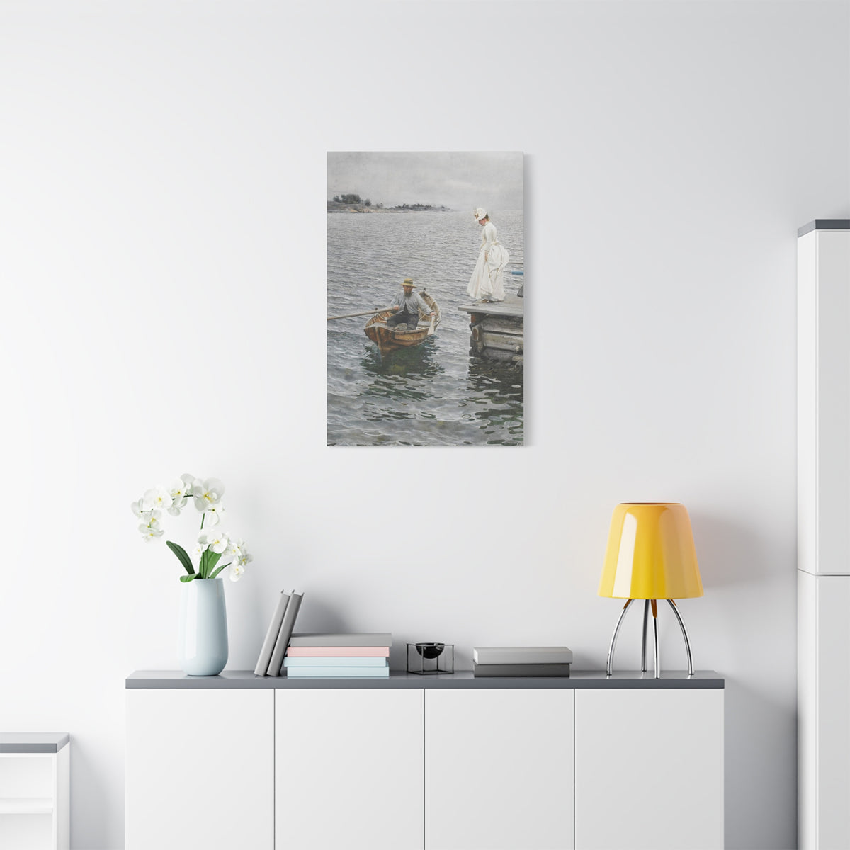 Seaside Stroll Canvas Print — Vintage Woman & Rowboat Matte Stretched Art 1.25"