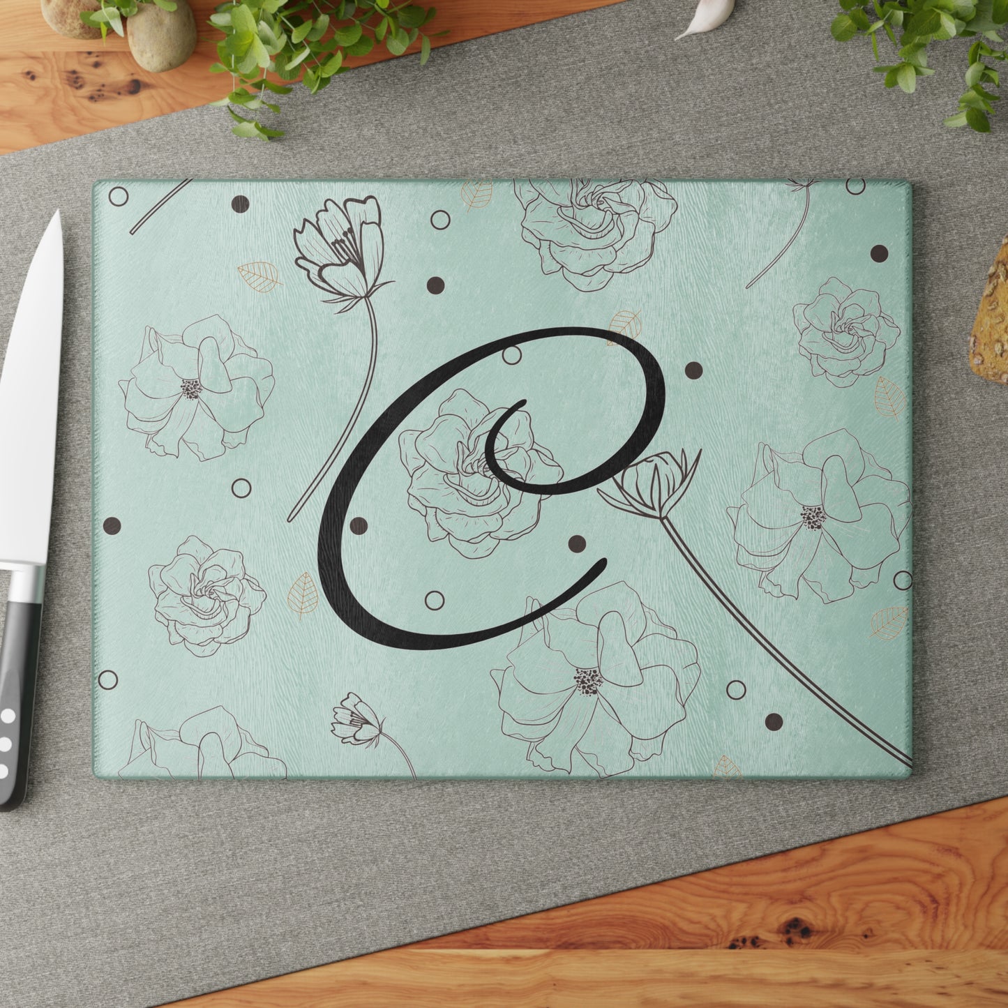 Personalized Floral Glass Cutting Board Letter C
