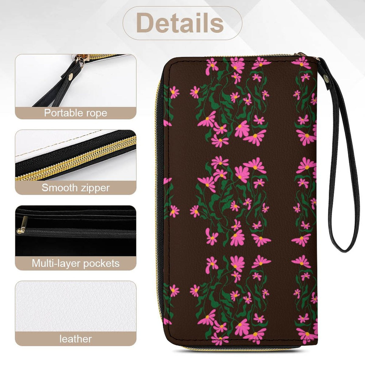 Leather Wallet with Wristlet Strap (2 Pictures on 2 Sides)