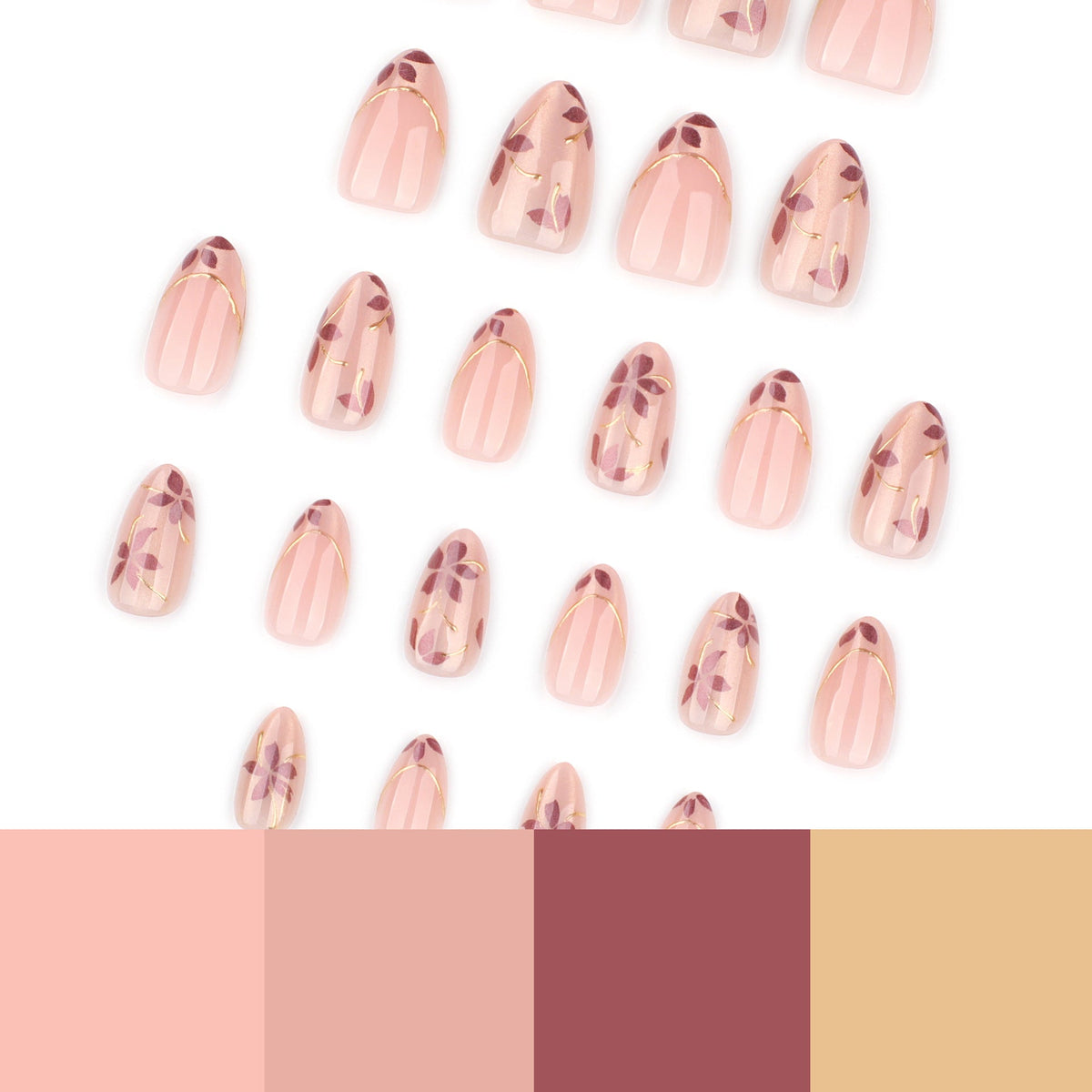 365nails: "Rose Gold Floral Almond" – Nude Press-on Nails with Gold Accents – Image 4
